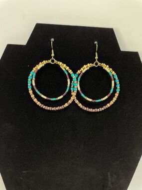 Plunder Multicolor Seed-Bead Double Hoop Earrings - Turquoise, Gold